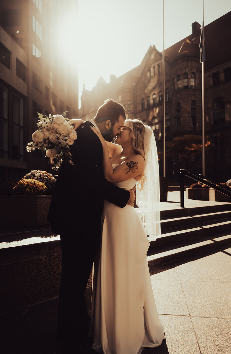 Bride and Groom Kiss in Downtown Pittsburgh