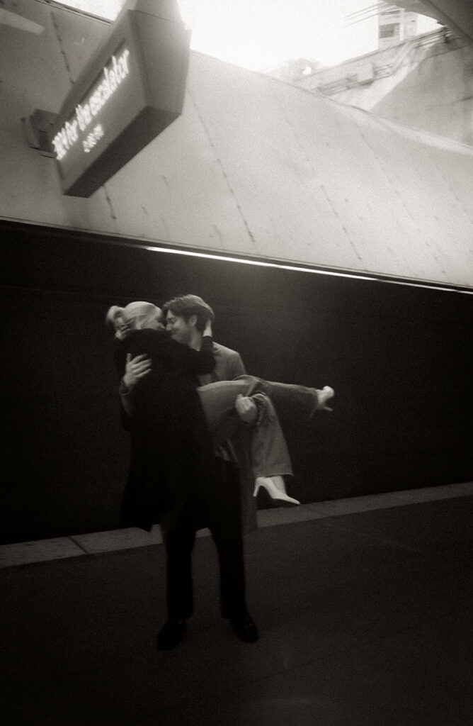 Pittsburgh T station engagement photos downtown architectural couple