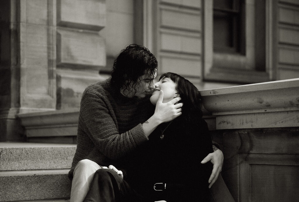 Couple Kissing outside of Carnegie Library in Oakland