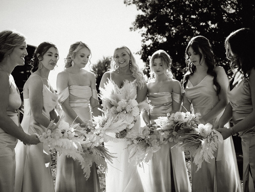 BW Bride and Bridesmaids at yinzer valley farms Wedding