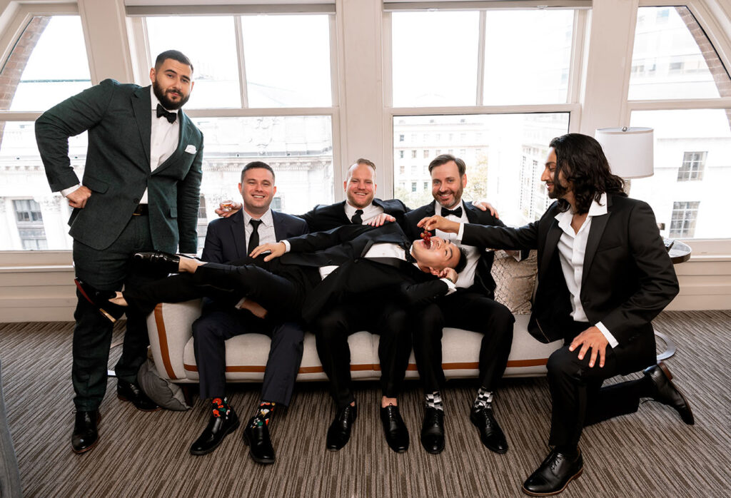 Groom with Groomsmen at the arcade