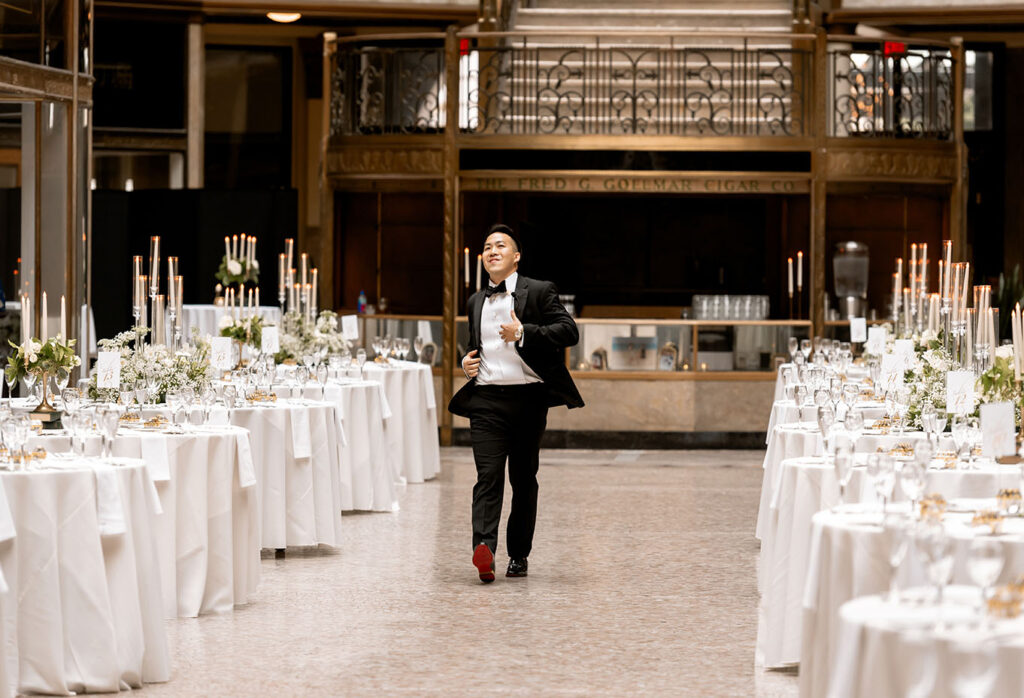 Groom Walking down the isle at Wedding Ceremony