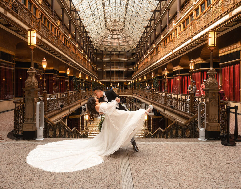 Bride and Groom deep at the Arcade during their wedding