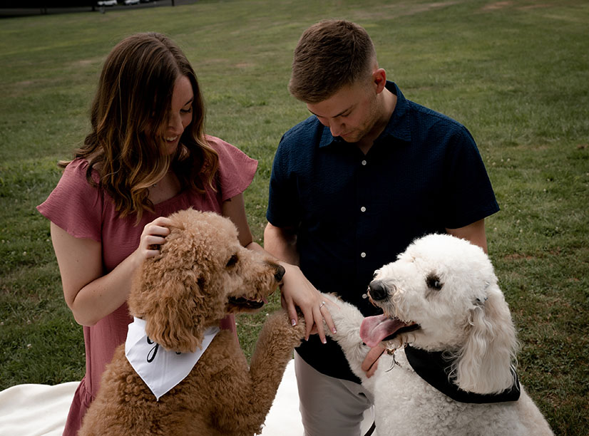 Schenley Park engagement with two poodle dogs