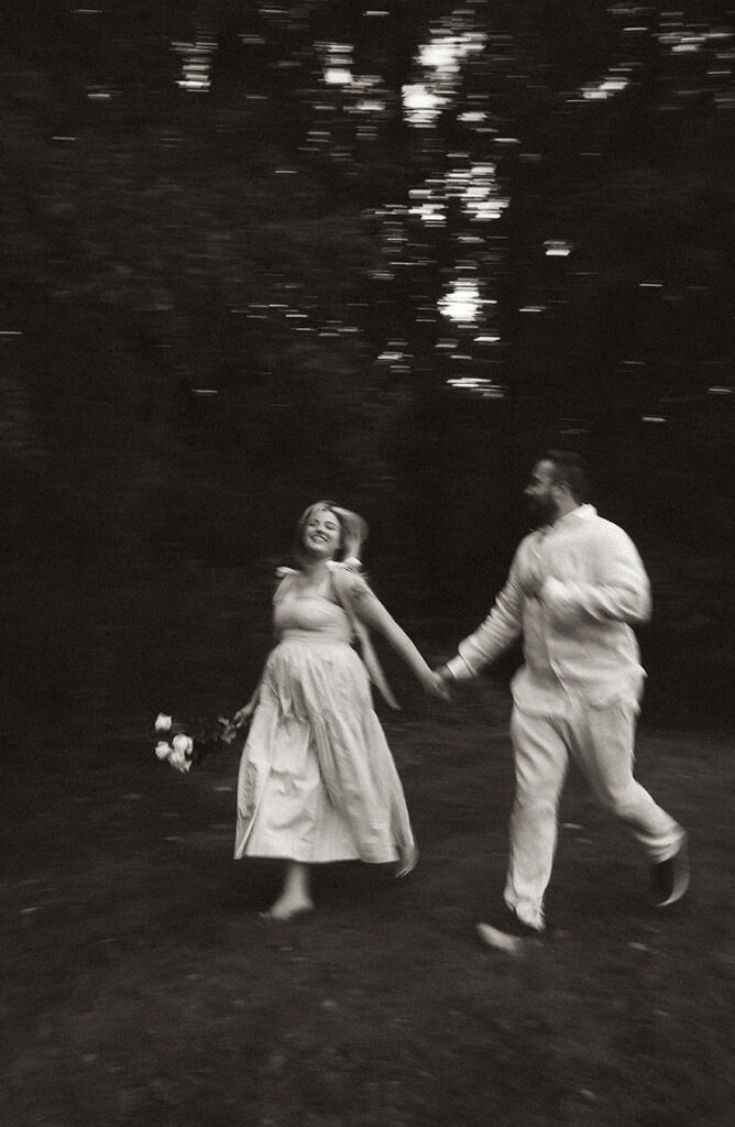 Couple running at Moraine Park Engagement