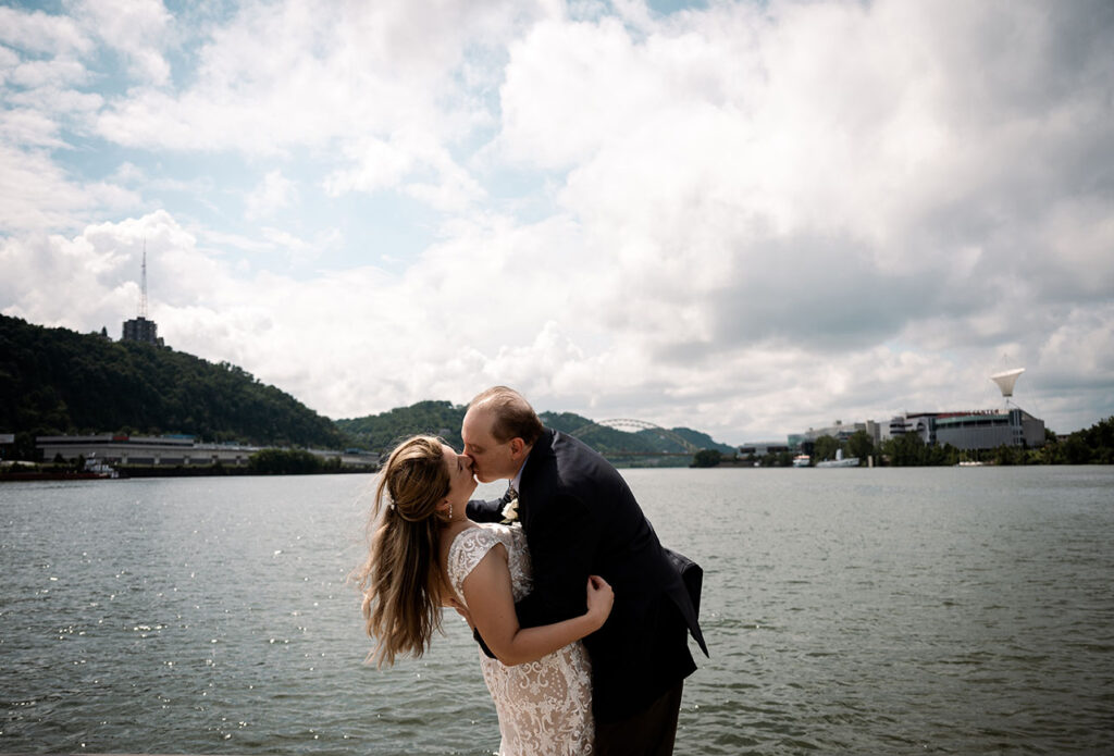 Point State Park Bride and Groom Kissing