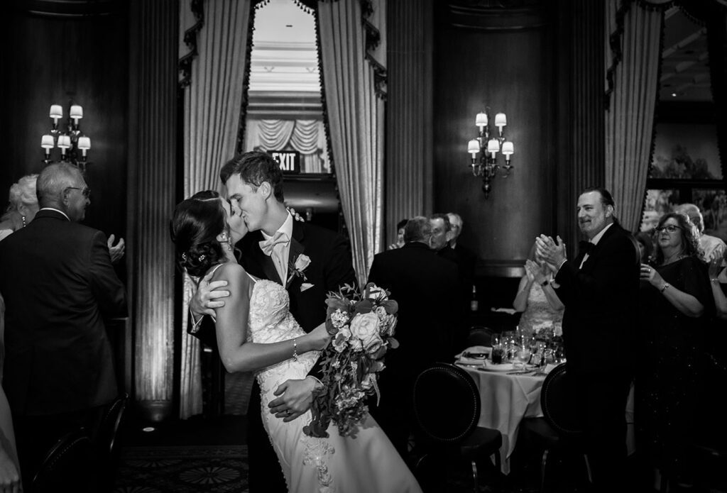 Bride and Groom Dip and Kiss at Duquesne Club Wedding