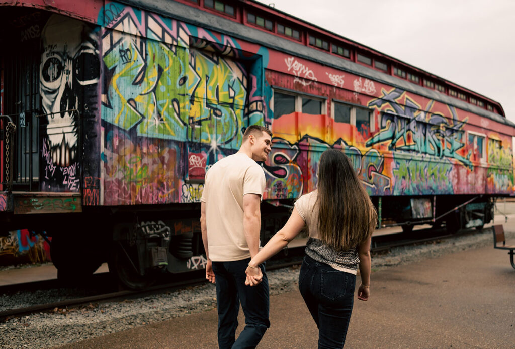 Romantic rainy engagement photo at The Highline overlooking the Monongahela River and downtown Pittsburgh.