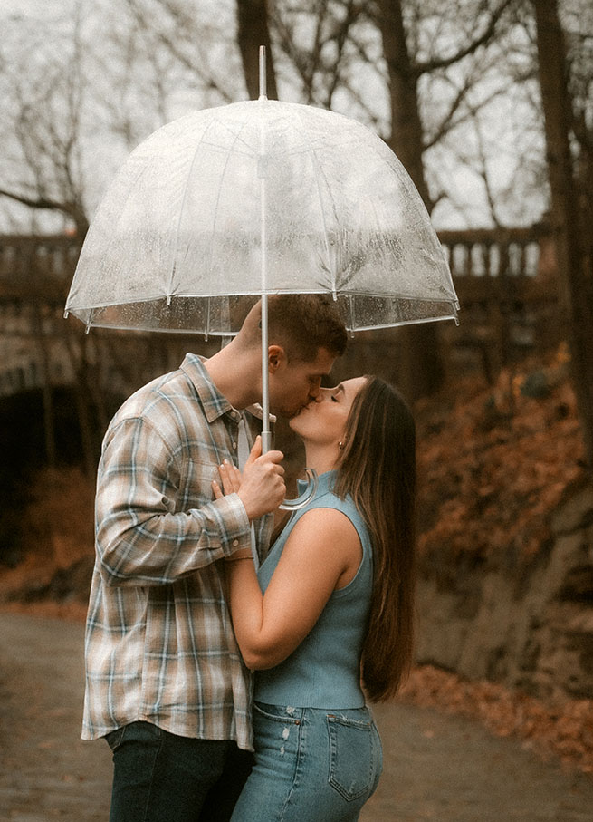 Close Up between couple during their rainy engagement session in Pittsburgh’s Schenley Park.
