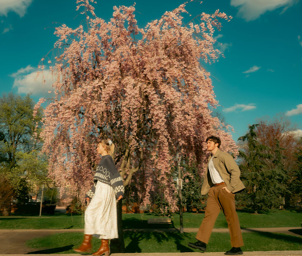 Artistic engagement photos in spring blossoms at Allegheny Commons Park with soft natural light