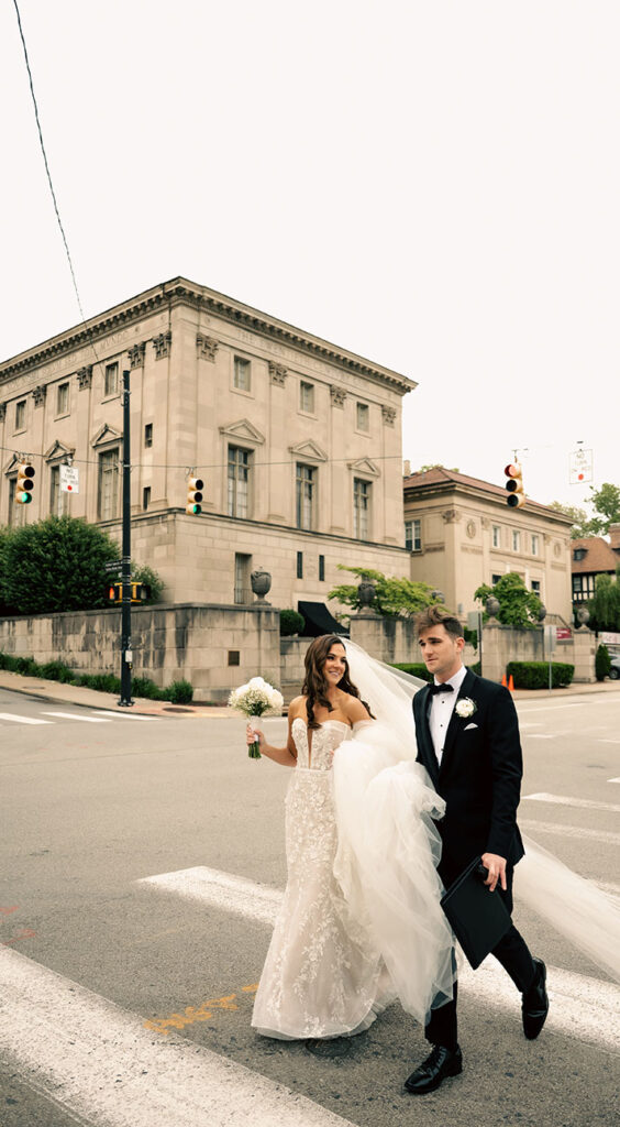 Elegant Bride and Groom Walking in Oakland 