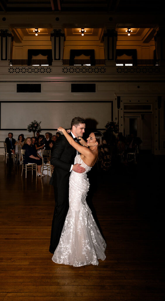 Bride and Groom Dancing during their reception at Soldiers and Sailor Memorial Hall 