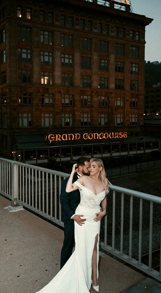 Couple during their Bridal Photos in front of Grand Concourse in Pittsburgh
