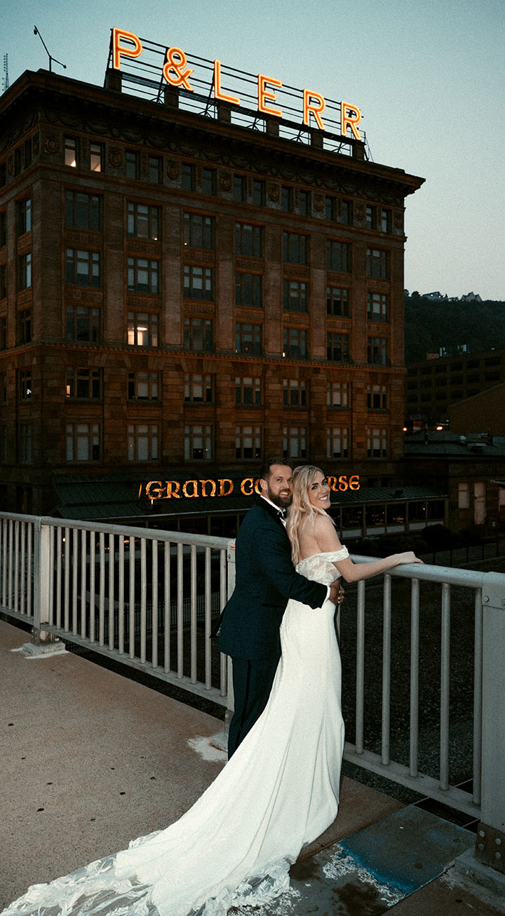 Bride and Groom in front of Grand Concourse in Pittsburgh Wedding
