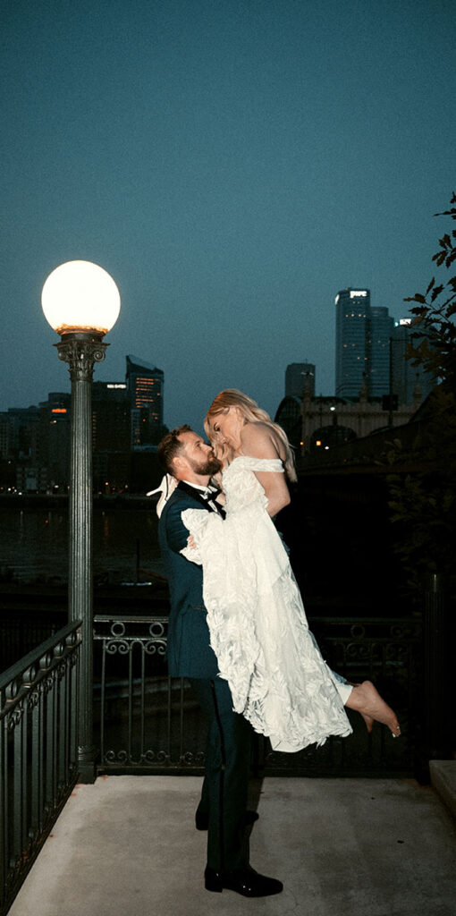 Bride and Groom at the Smithfield Street Bridge in Pittsburgh