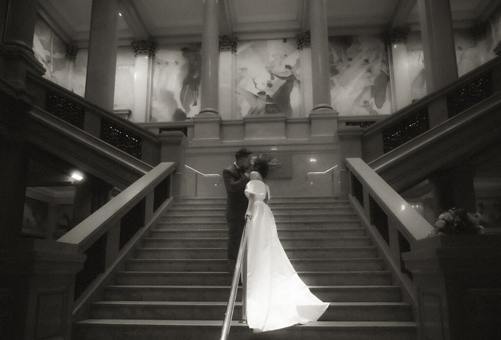 Bride and Groom at Grand Staircase at the Carnegie Museum of Art