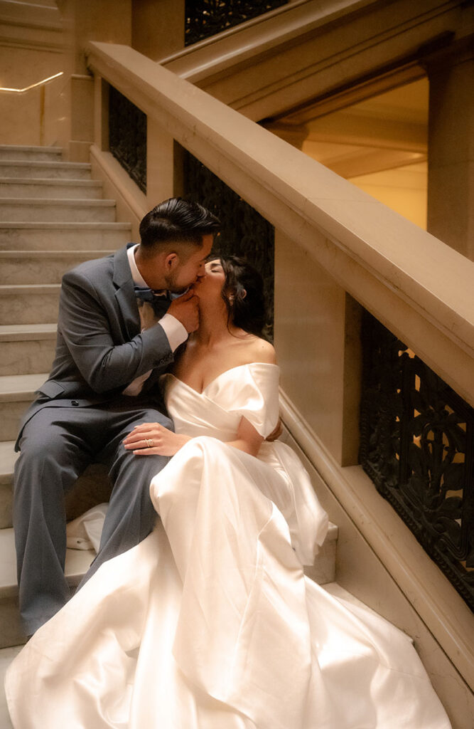 Bride and Groom kiss at Carnegie Museum of Art Wedding