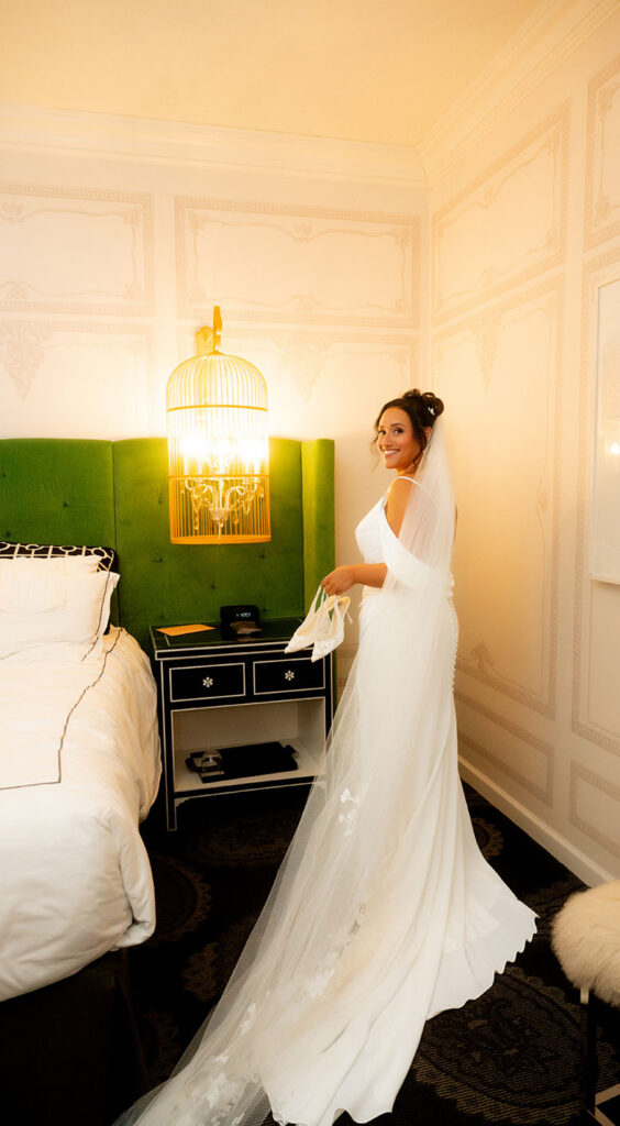 Bride at Hotel Monaco Suite before her wedding at the allegheny courthouse in downtown pittsburgh