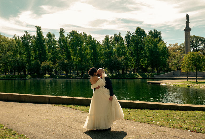 Bride and Groom Dance at the Allegheny Common's Park During their Intimate Pittsburgh Wedding