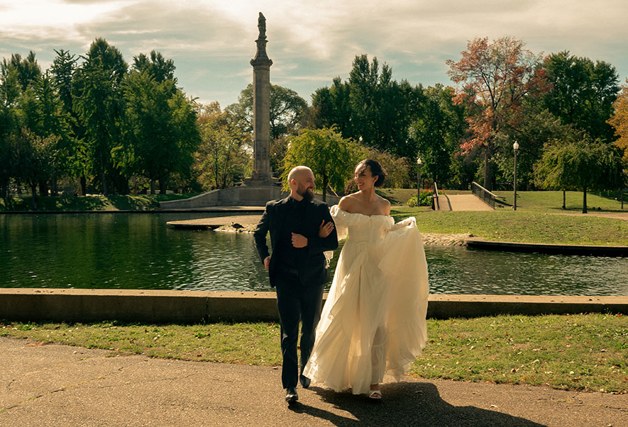 Bride and Groom Walking at Allegheny Common's Park