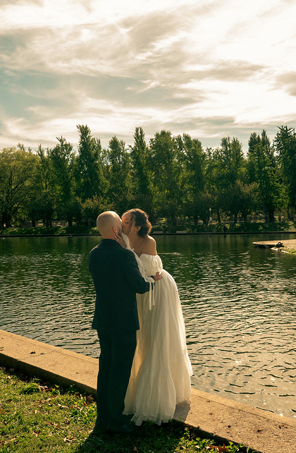 Bride and Groom Kiss after their wedding at The Allegheny Commons Park