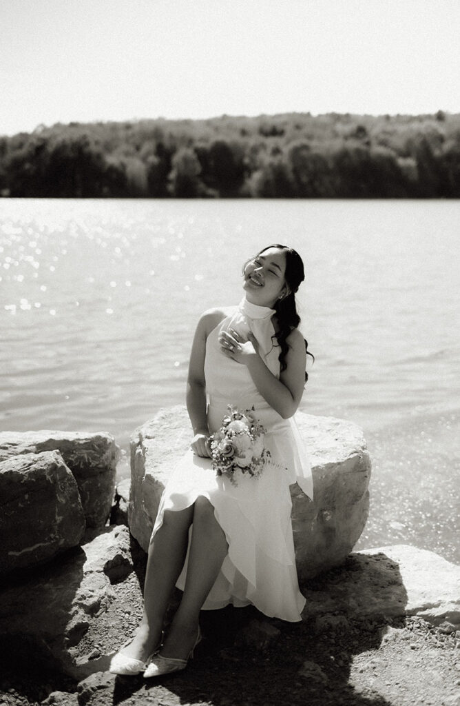 Bride holding bridal bouquet in Moraine State Park