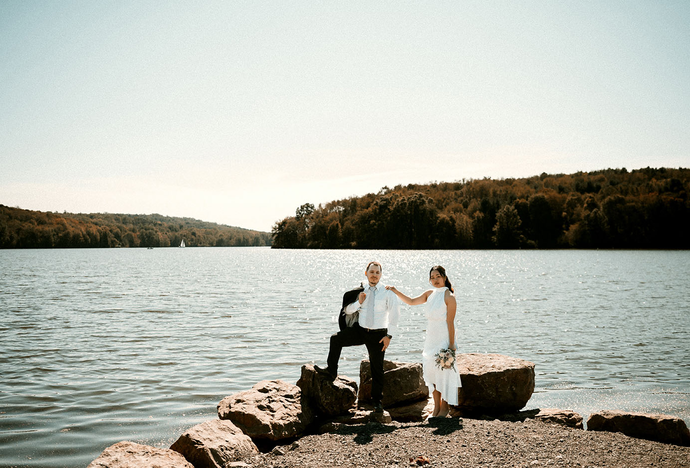 Bride holding bridal bouquet in Moraine State Park