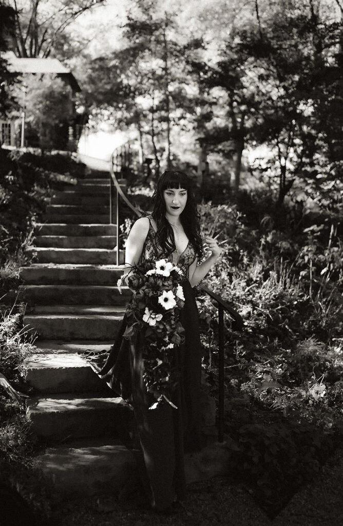 Bride in black lace wedding dress from Gemma’s Bridal at Robin Hill Park