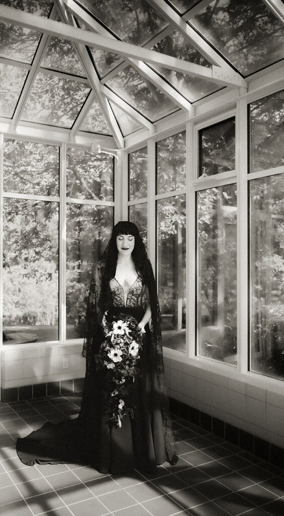Bride in black lace wedding dress from Gemma’s Bridal at Robin Hill Park