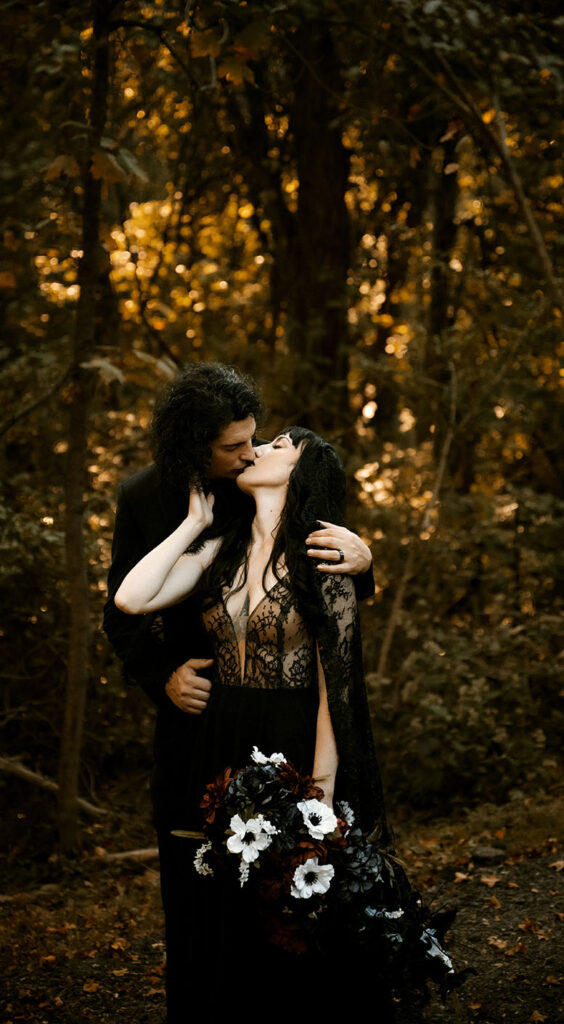Documentary wedding photographer capturing couple in fall sunlight