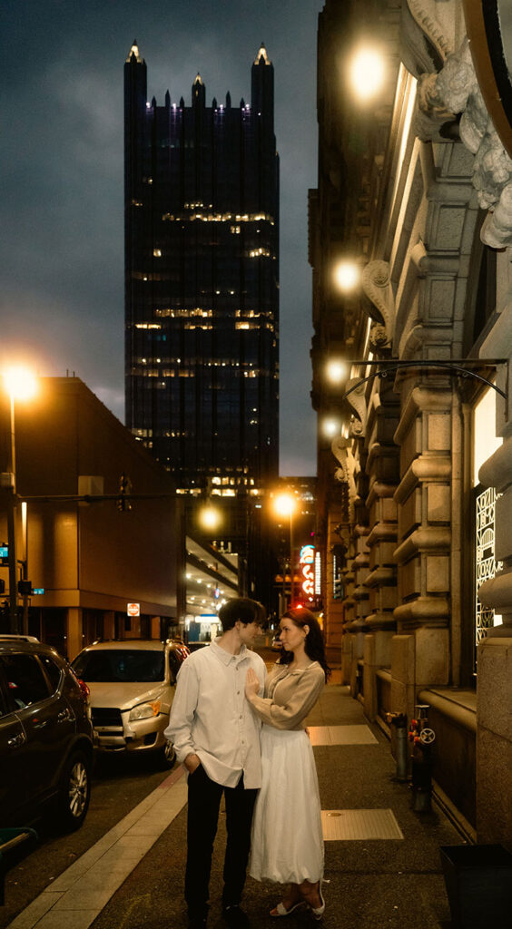 Highmark Building in the background during Couple photos in Pittsburgh
