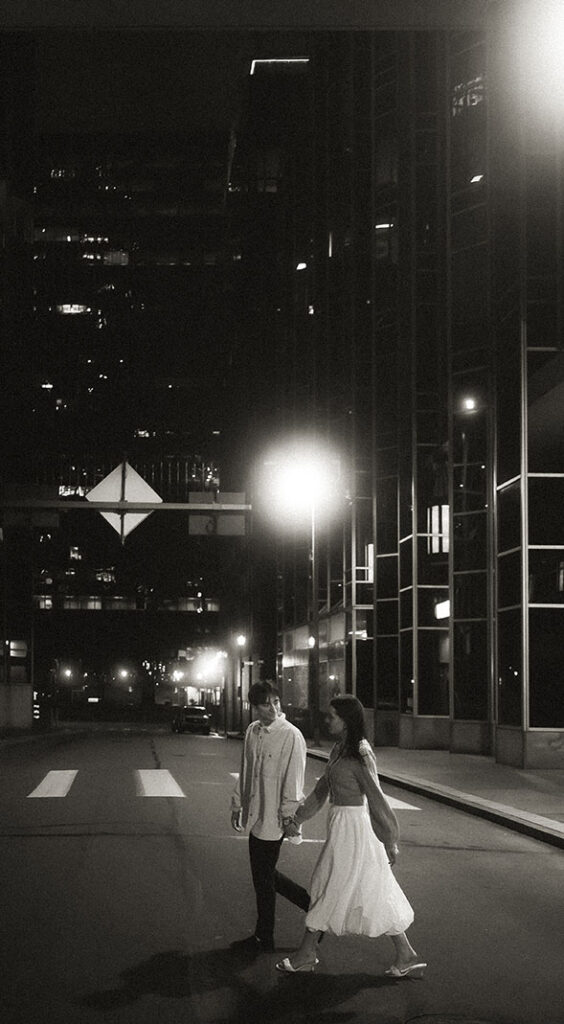 downtown Pittsburgh night engagement session urban cinematic feel