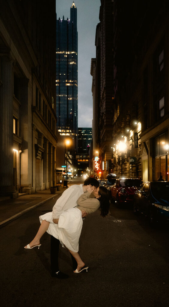 cinematic night couple photos Pittsburgh city lights romantic