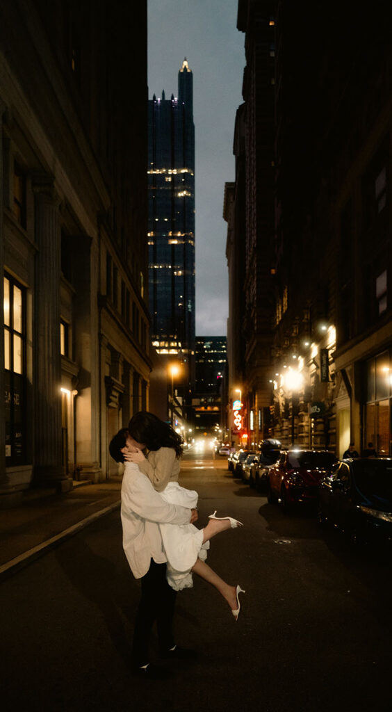 Couple looking at each other in Downtown Pittsburgh