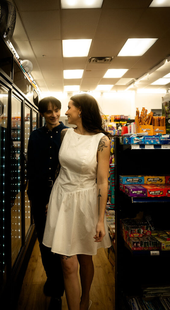 Documentary-style image of a couple holding hands inside 7-Eleven, capturing a nostalgic memory.