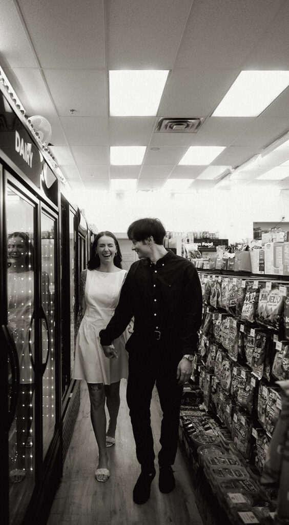 Documentary-style image of a couple holding hands inside 7-Eleven, capturing a nostalgic memory.
