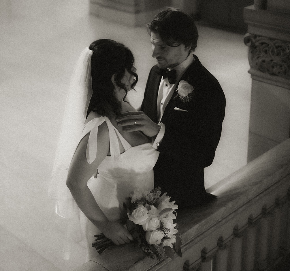 Bride and Groom Romantic Moment right after they got married in Downtown Pittsburgh