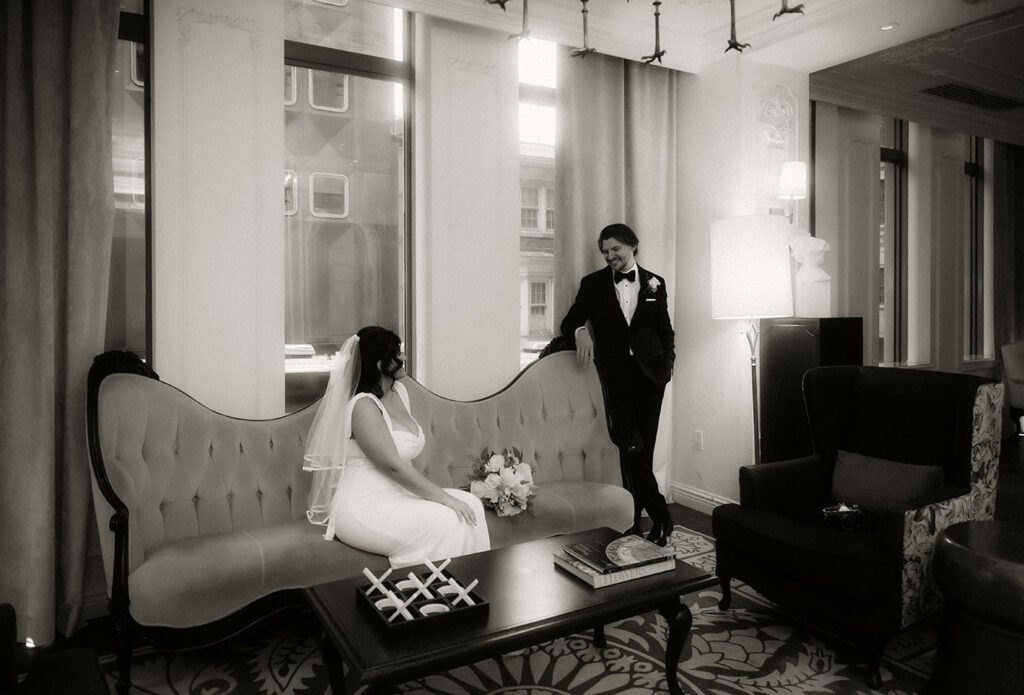 Romantic Bride and Groom Kissing at the Kimpton Monaco Hotel in Downtown Pittsburgh