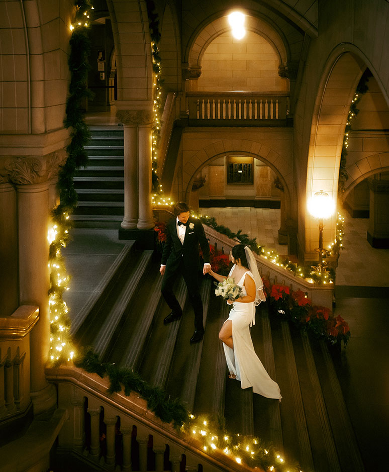 Editorial bridal portraits highlighting the stone arches and historic architecture of the Allegheny County Courthouse.
