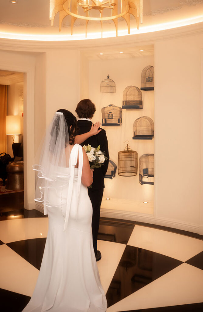 Bride and Groom share their winter first look inside the Kimpton Hotel Monaco in Downtown Pittsburgh.