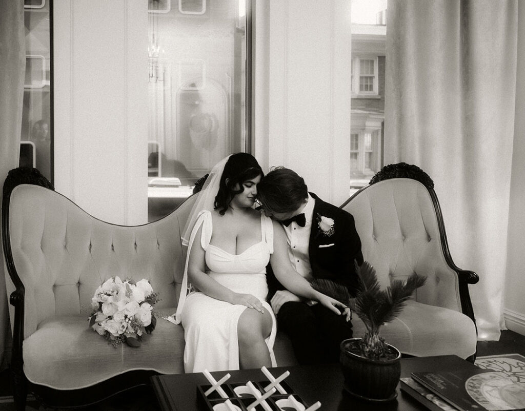 Romantic Bride and Groom Kissing at the Kimpton Monaco Hotel in Downtown Pittsburgh