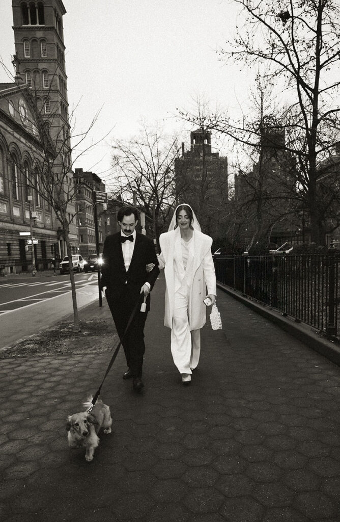 NYC elopement photos with dog in Manhattan with romantic documentary photography style