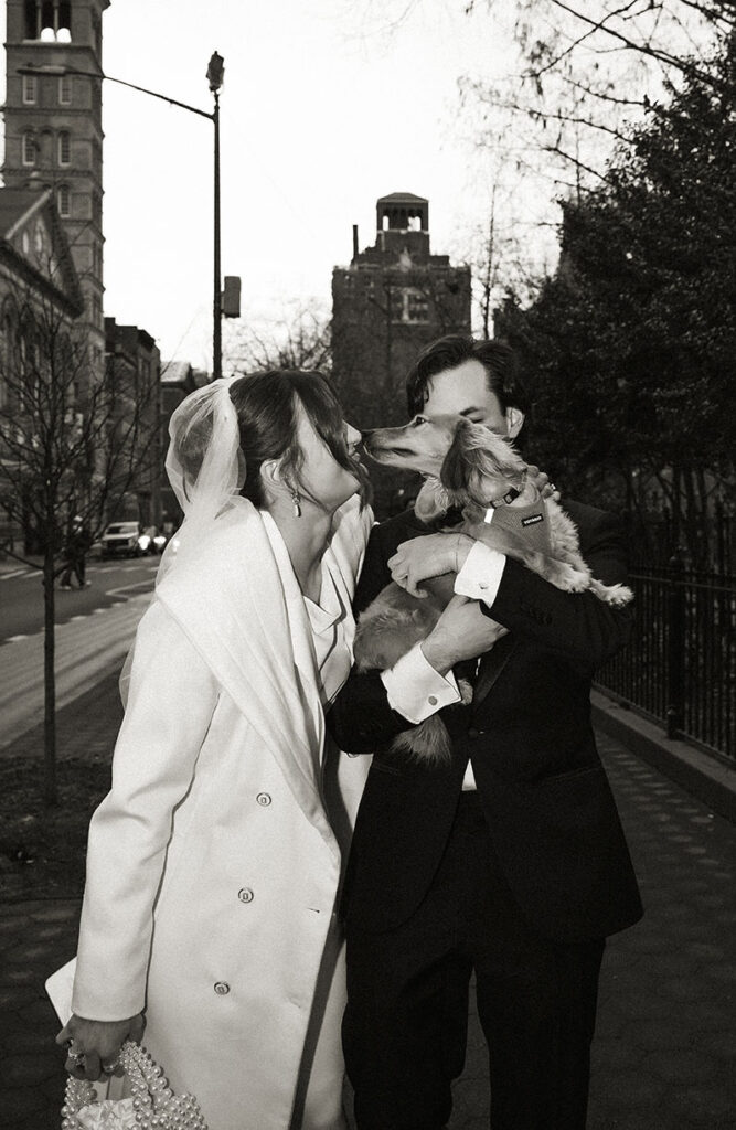 NYC elopement photos with dog near Central Park with romantic and timeless feel