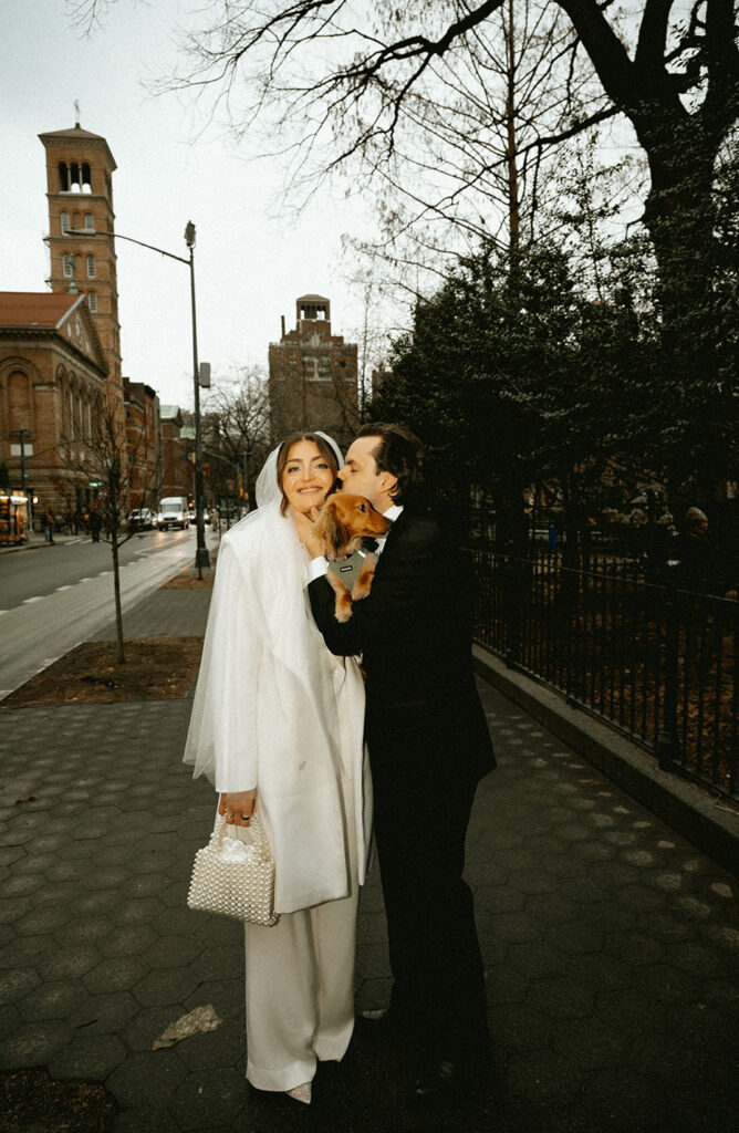 New York City elopement photos with dog in West Village streets