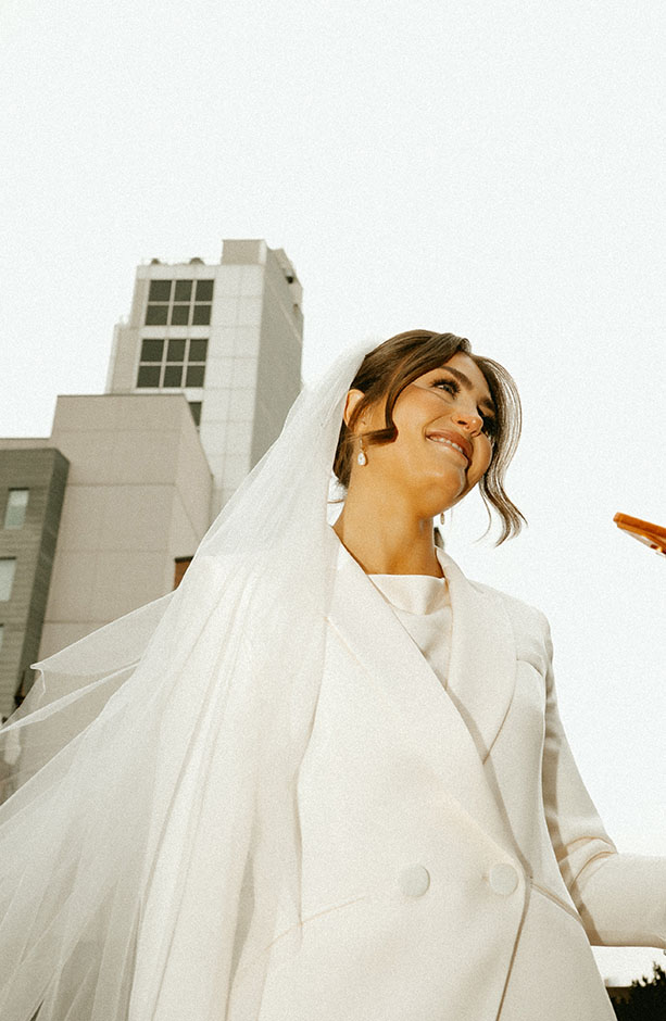 Editorial elopement portraits with NYC skyline in the background