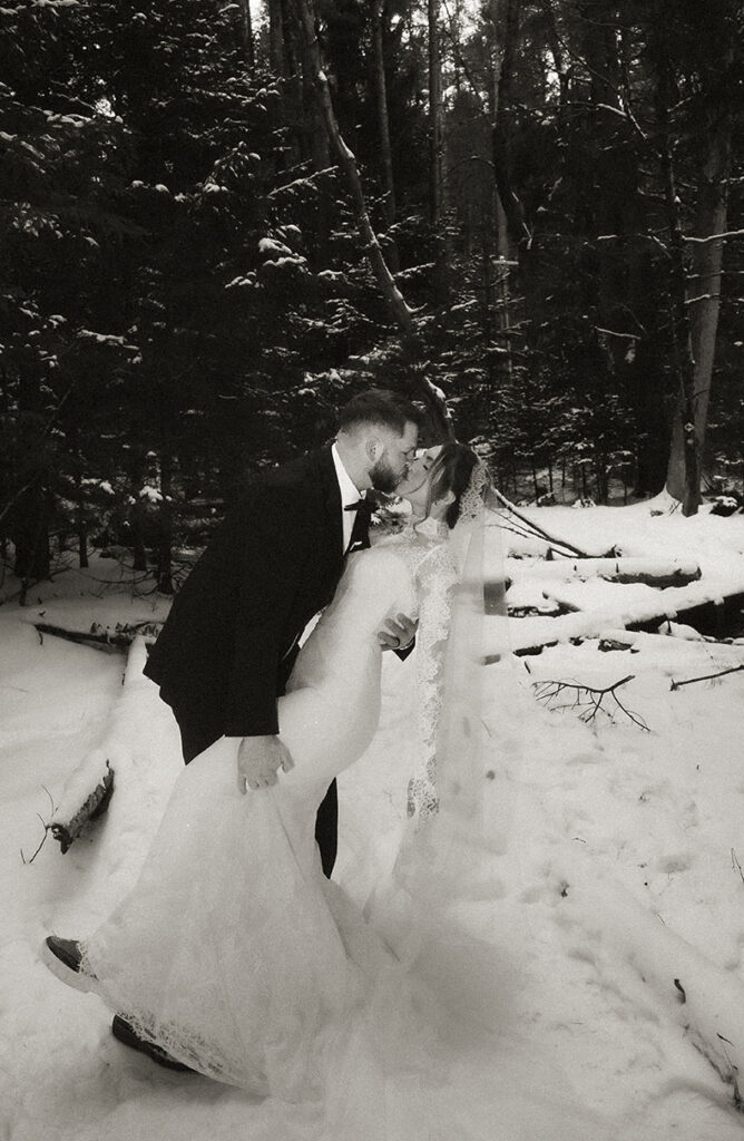 Bride and groom exchanging vows at Skytop Lodge Pennsylvania winter wedding