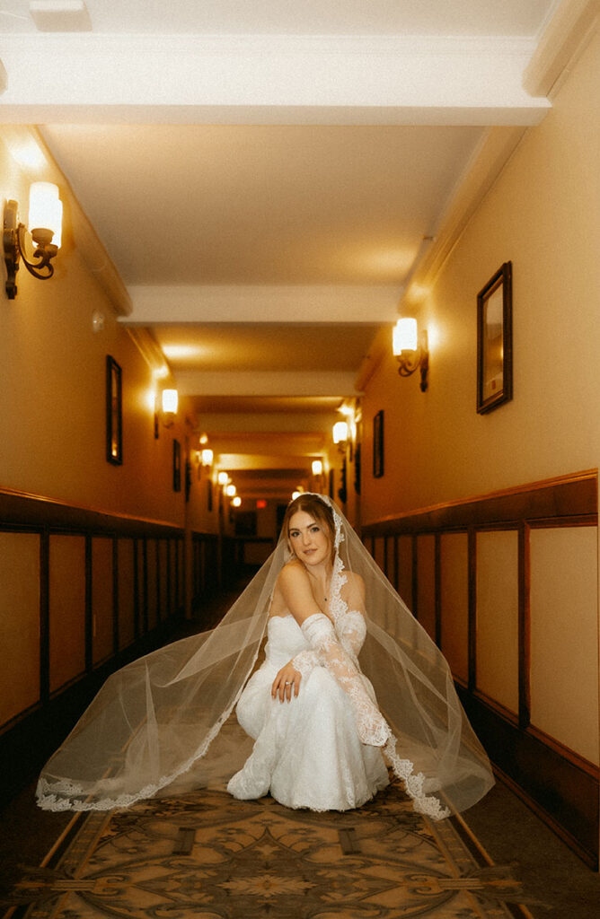 Close portrait of bride in vintage lace wedding gown at Skytop Lodge