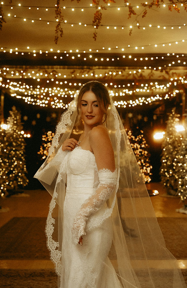 Bride at Skytop Lodge Lobby with all the Christmas decoration