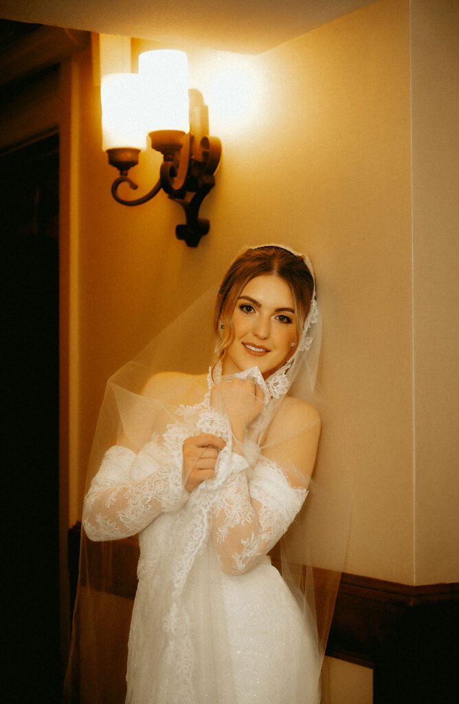 Romantic bridal portrait on historic hotel property in the Pocono Mountains