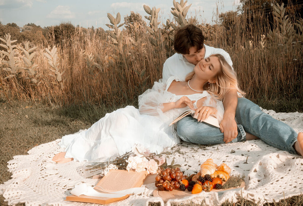 Romantic close moment between couple during Pittsburgh engagement session with soft light and vintage inspired styling